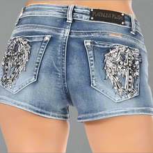 Shorts Bling en jean avec ailes d'ange pour femme Platinum Plush