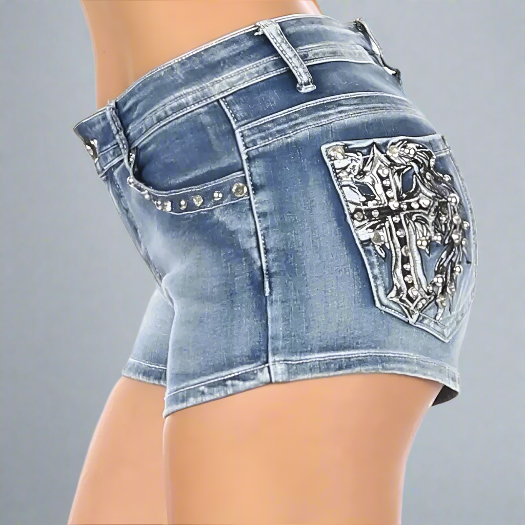 Shorts Bling en jean avec ailes d'ange pour femme Platinum Plush