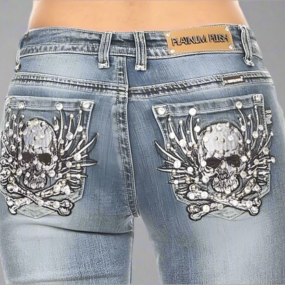 Jean bootcut Platinum Plush orné de strass Tête de mort