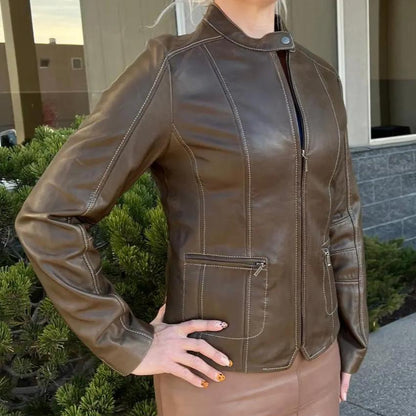 Blouson en cuir d'agneau à col pressionné pour femme