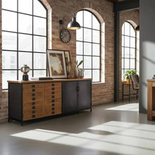 Industrial mango wood sideboard, 4 wood and steel doors