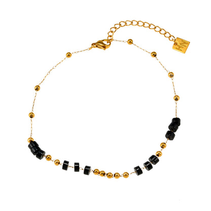 ROSARIO LG: Bracelet de cheville à chaîne de perles en onyx noir et or