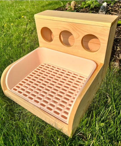 Râtelier à foin, bac à litière et grille pour lapin