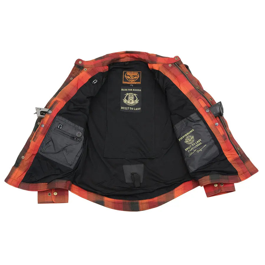 Milwaukee Leather Men's Red & Orange Armored Flannel Biker Shirt w/ Reinforced Fibers