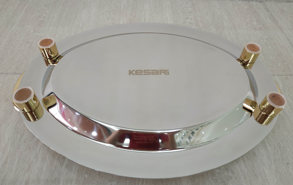 16" Stainless Steel Round Serving Tray with Gold Handles