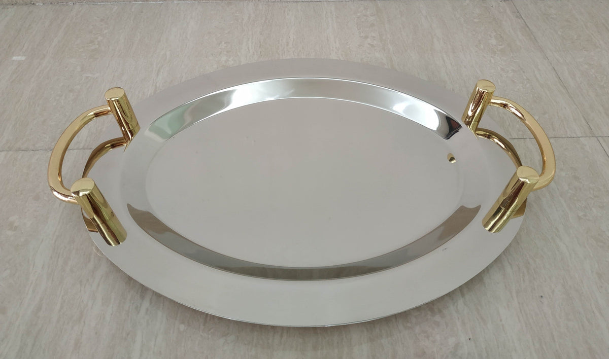16" Stainless Steel Round Serving Tray with Gold Handles