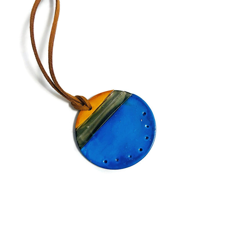 Collier Pendentif Disque Bleu Fait Main