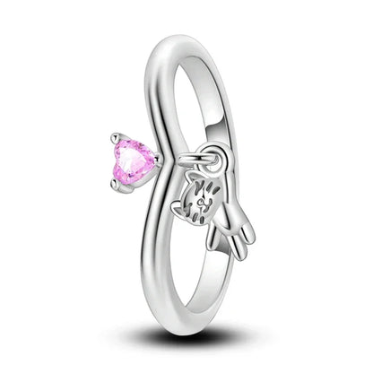 Bague breloque cœur de chat rose en argent sterling 925