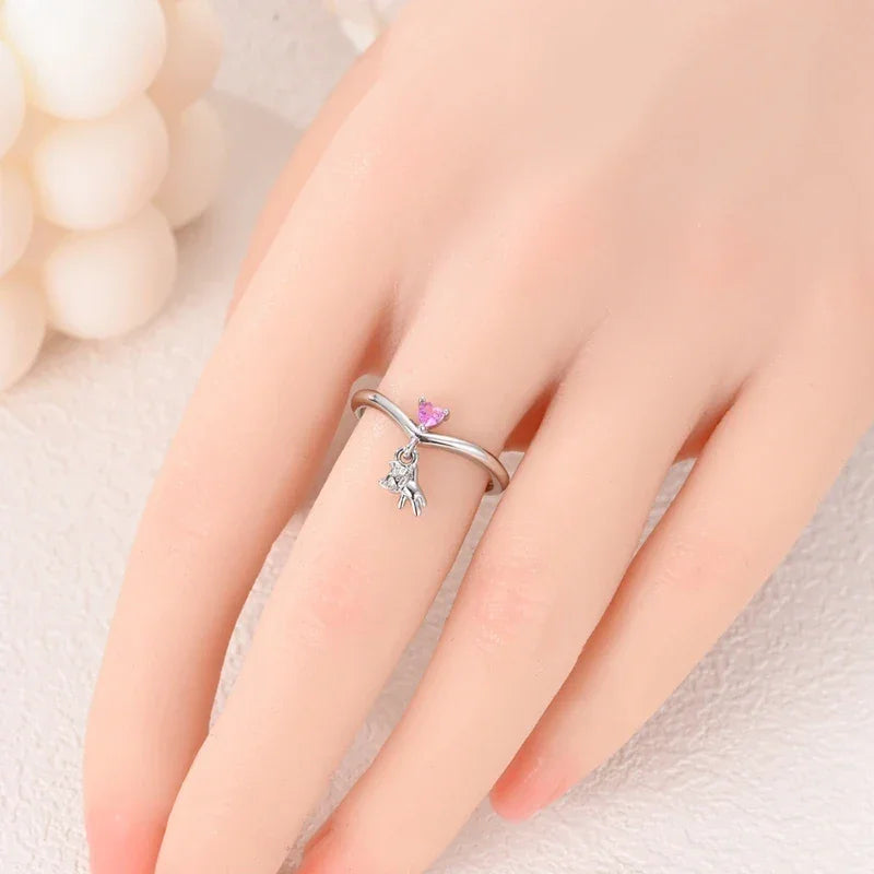 Bague breloque cœur de chat rose en argent sterling 925