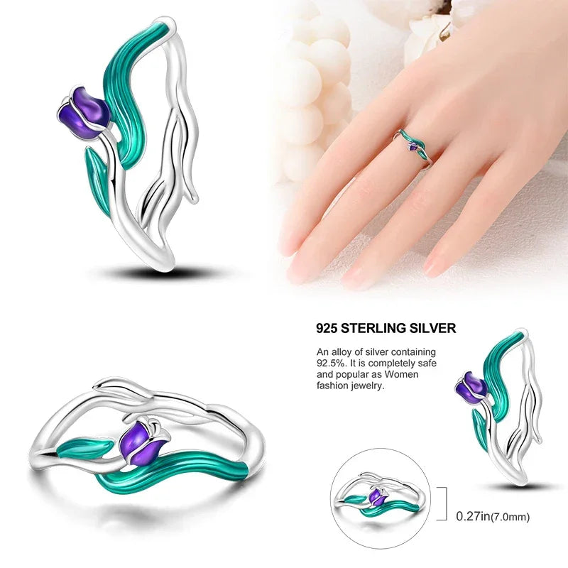 Bague tulipe en argent sterling 925 et émail