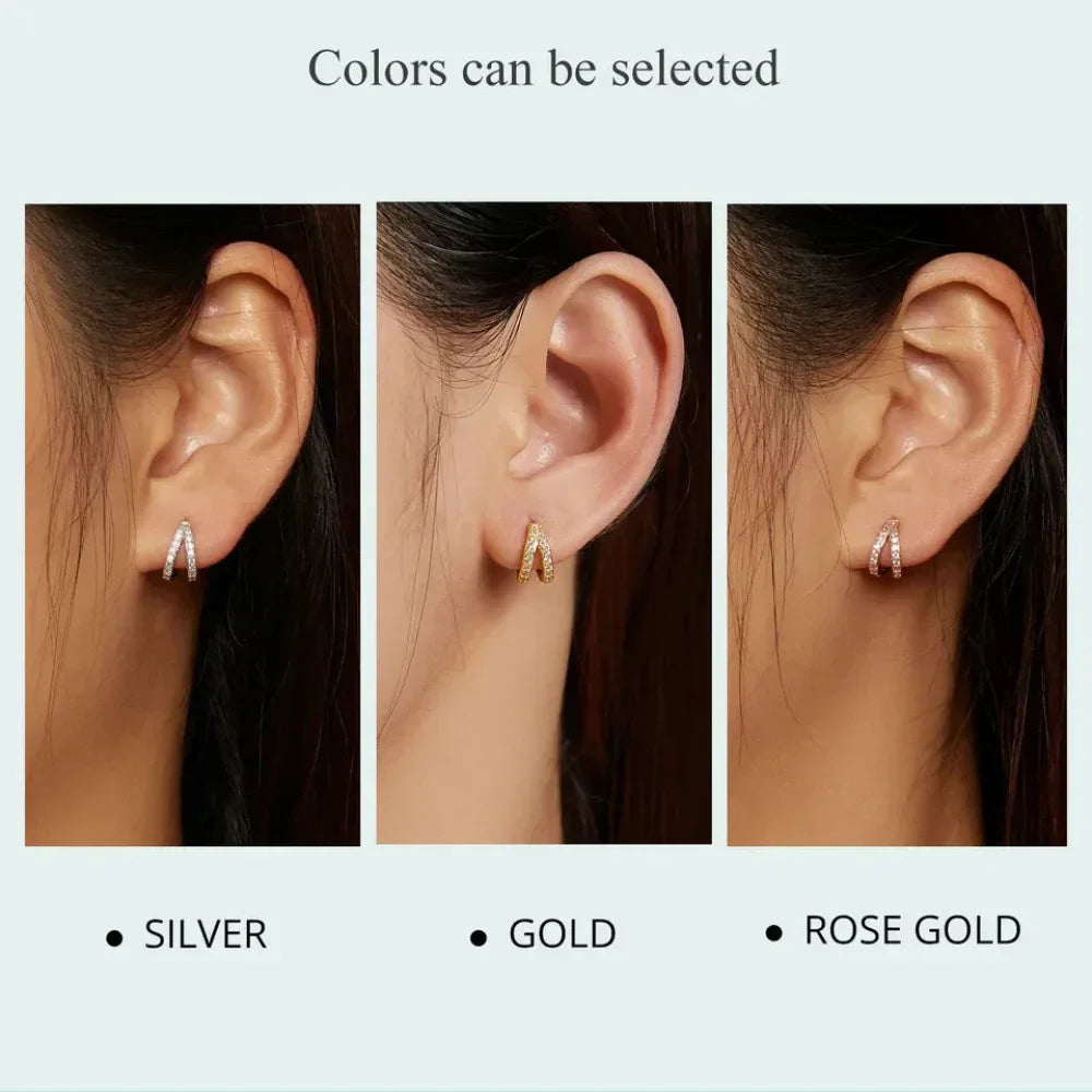 Boucles d'oreilles créoles doubles en argent sterling 925, avec géométrie élégante et cristal de zircon