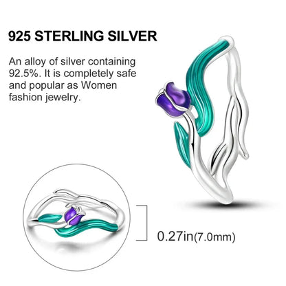 Bague tulipe en argent sterling 925 et émail