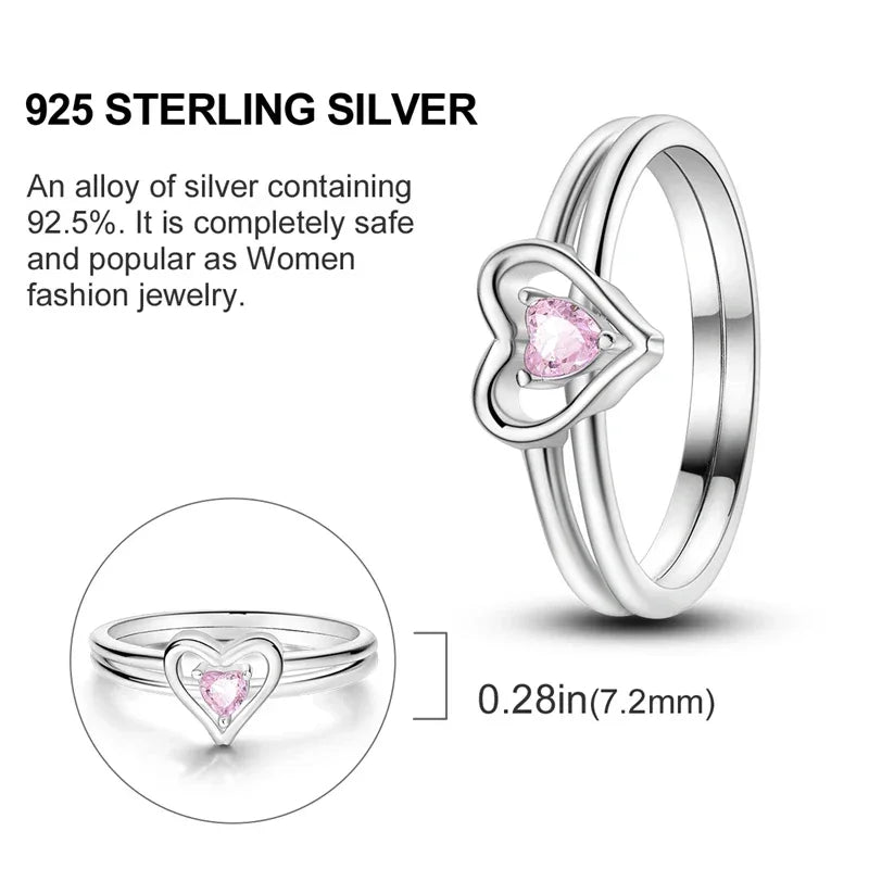 Bague double cœur rose en argent sterling 925