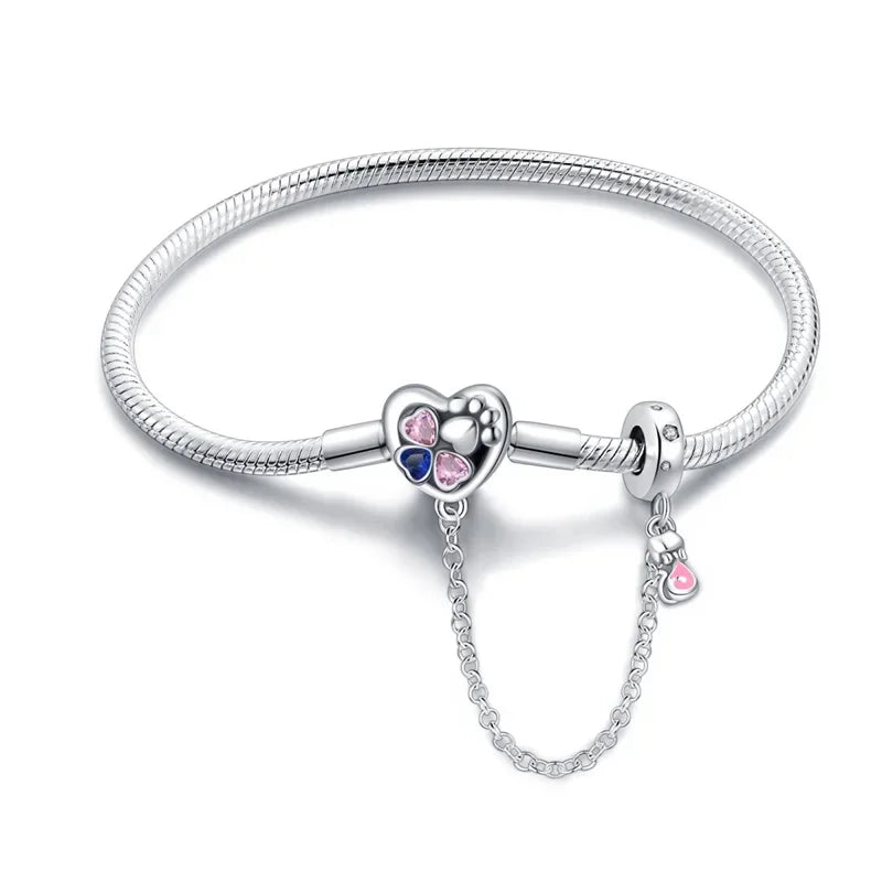 Bracelet à breloques en argent sterling cœur et patte avec chaîne de sécurité