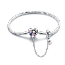 Sterling Silver Heart Paw Print Charm Bracelet with Safety Chain