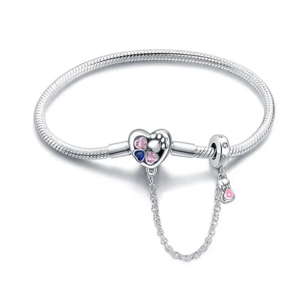 Bracelet à breloques en argent sterling cœur et patte avec chaîne de sécurité