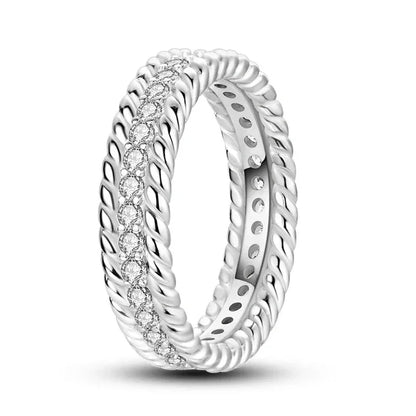 Bague à bande en argent sterling 925 avec bord torsadé et cristaux