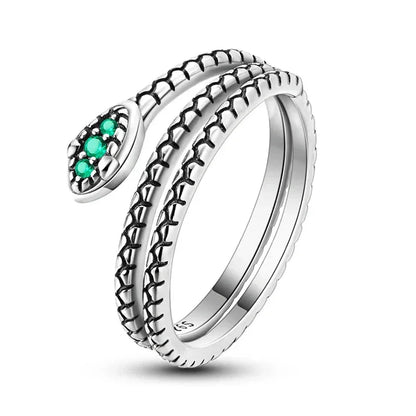 Bague en argent sterling 925 avec serpent vert