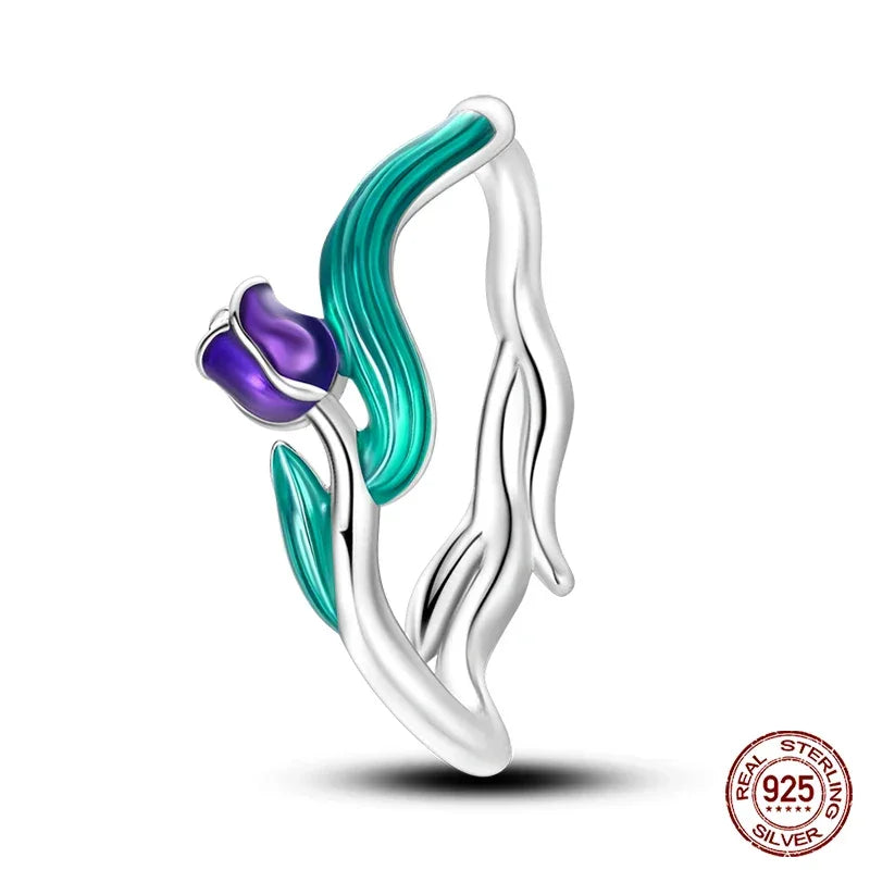 Bague tulipe en argent sterling 925 et émail