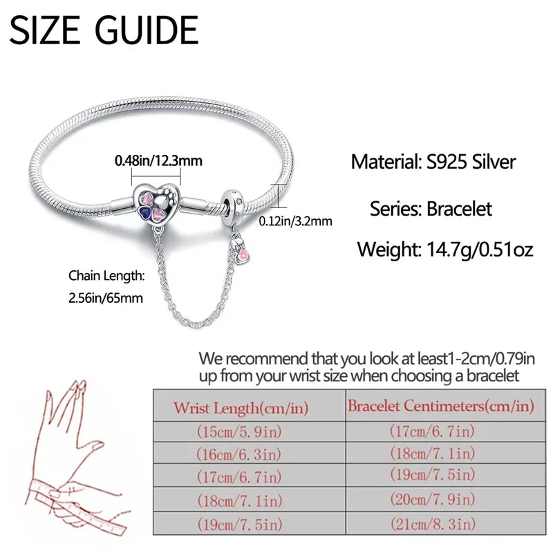Bracelet à breloques en argent sterling cœur et patte avec chaîne de sécurité