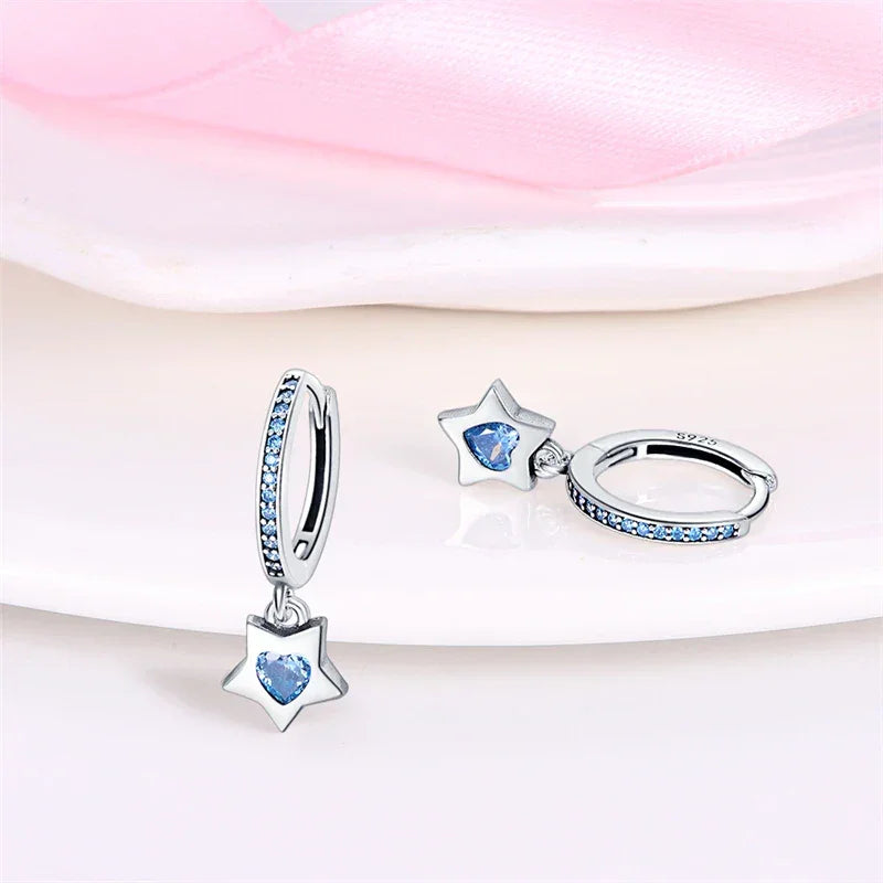 Boucles d'oreilles créoles en argent sterling Charme Céleste avec étoile bleue et cœur