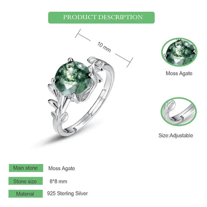 L'Étreinte de la Nature : Bague Ajustable en Argent Sterling et Agate Mousse