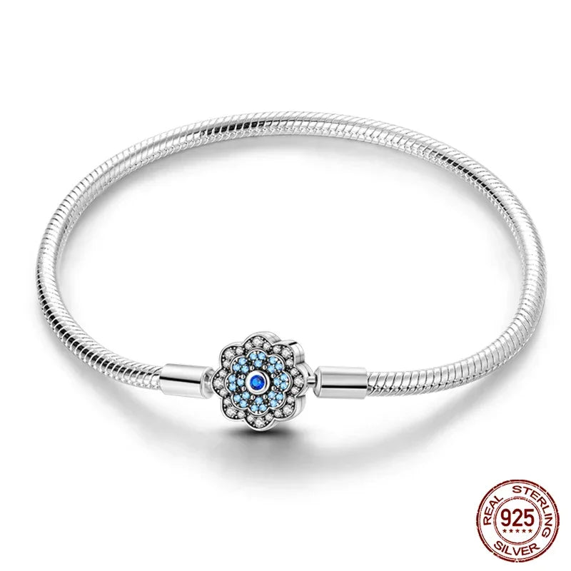 Bracelet en argent sterling avec fermoir fleur bleue et gravure « Dream »