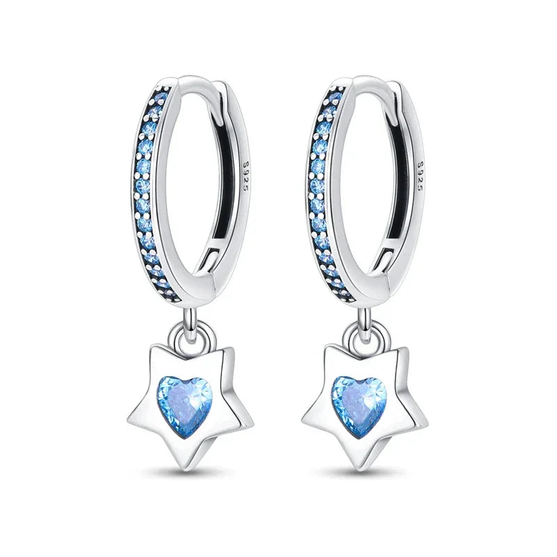 Boucles d'oreilles créoles en argent sterling Charme Céleste avec étoile bleue et cœur