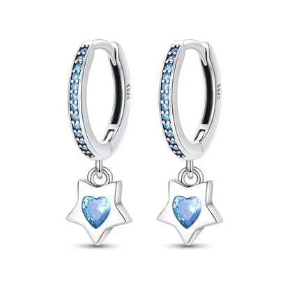 Boucles d'oreilles créoles en argent sterling Charme Céleste avec étoile bleue et cœur