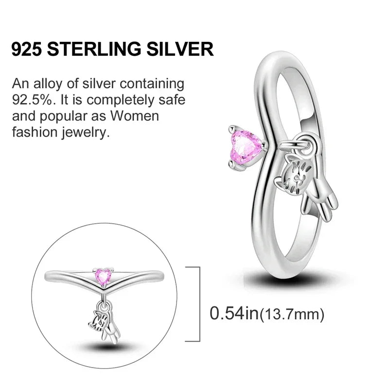 Bague breloque cœur de chat rose en argent sterling 925