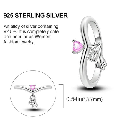 Bague breloque cœur de chat rose en argent sterling 925