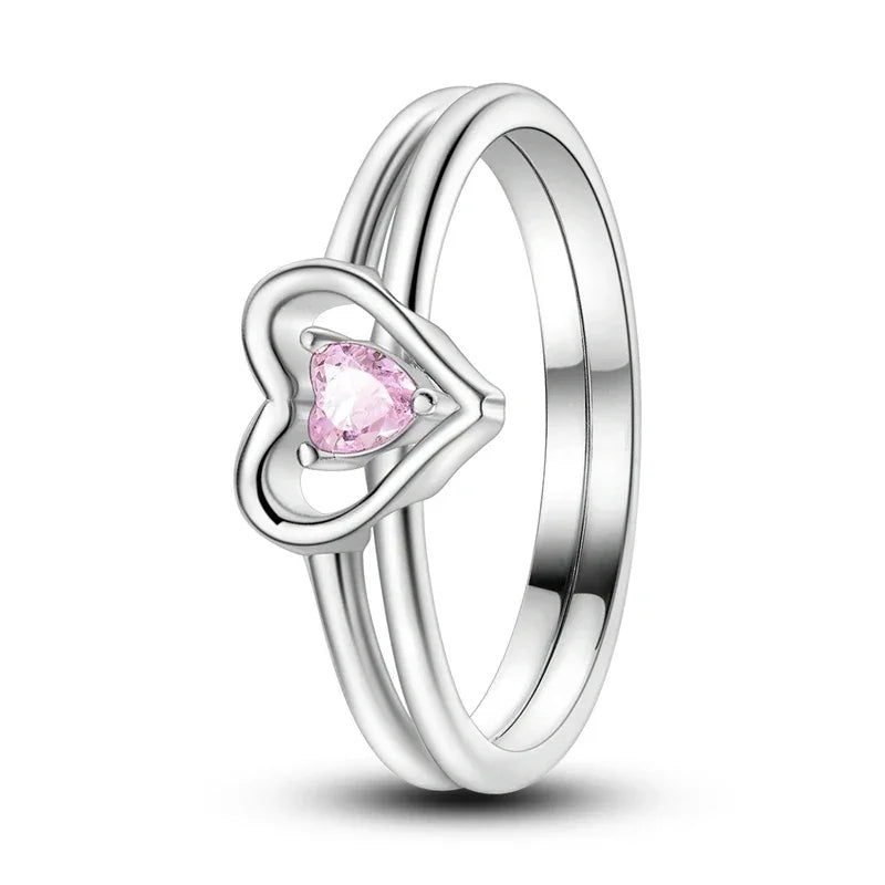 Bague double cœur rose en argent sterling 925