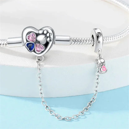 Bracelet à breloques en argent sterling cœur et patte avec chaîne de sécurité