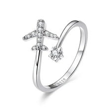 925 Sterling Silver CZ Flying Plane Open Ring