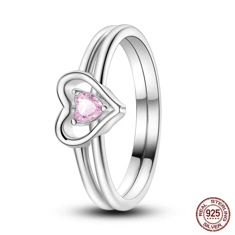 Bague double cœur rose en argent sterling 925
