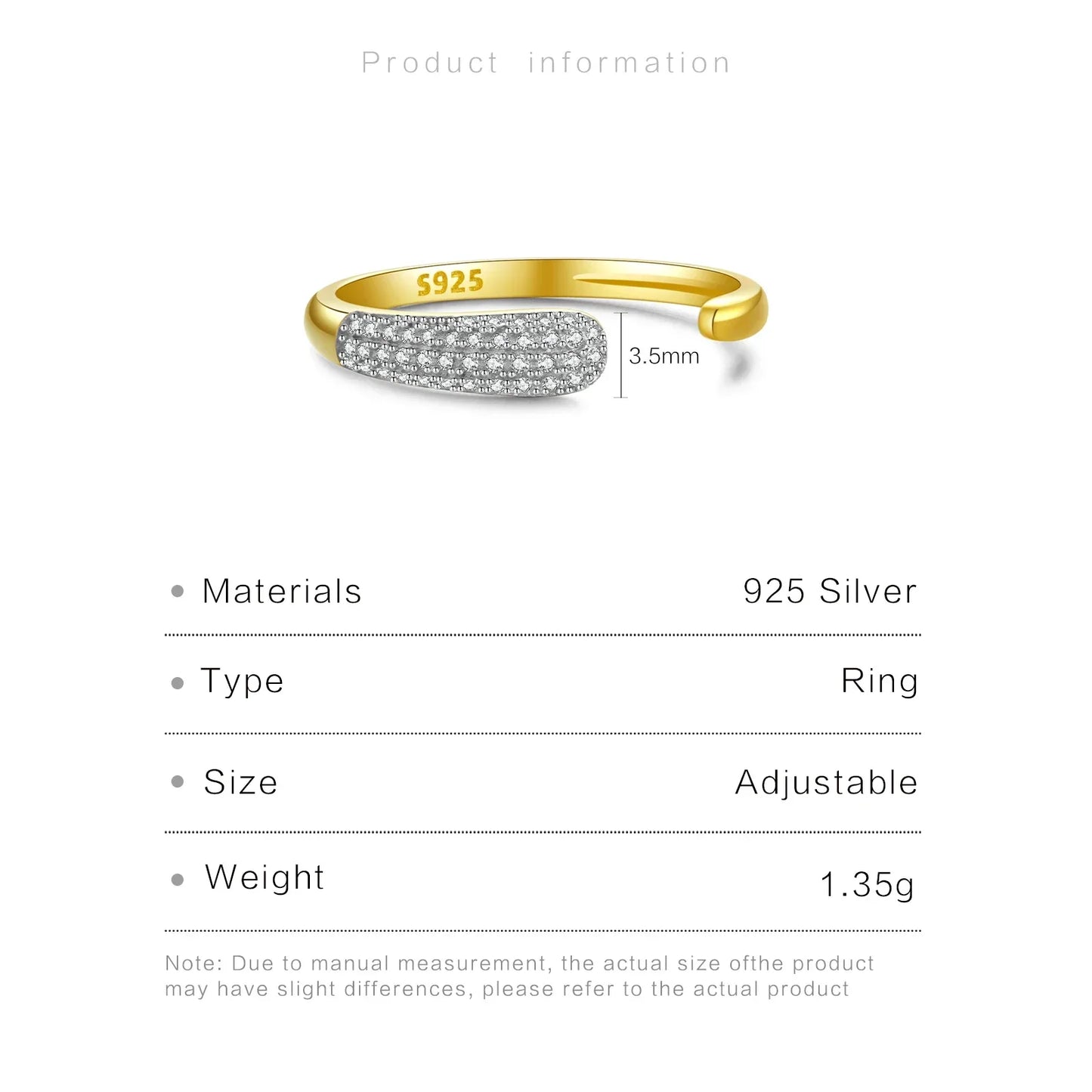 Bague réglable en argent sterling 925 et zircon