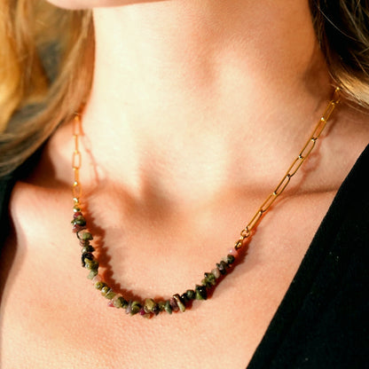 SALINAS Collier avec chaîne maillons trombone et combinaison de pierres précieuses TOURMALINE
