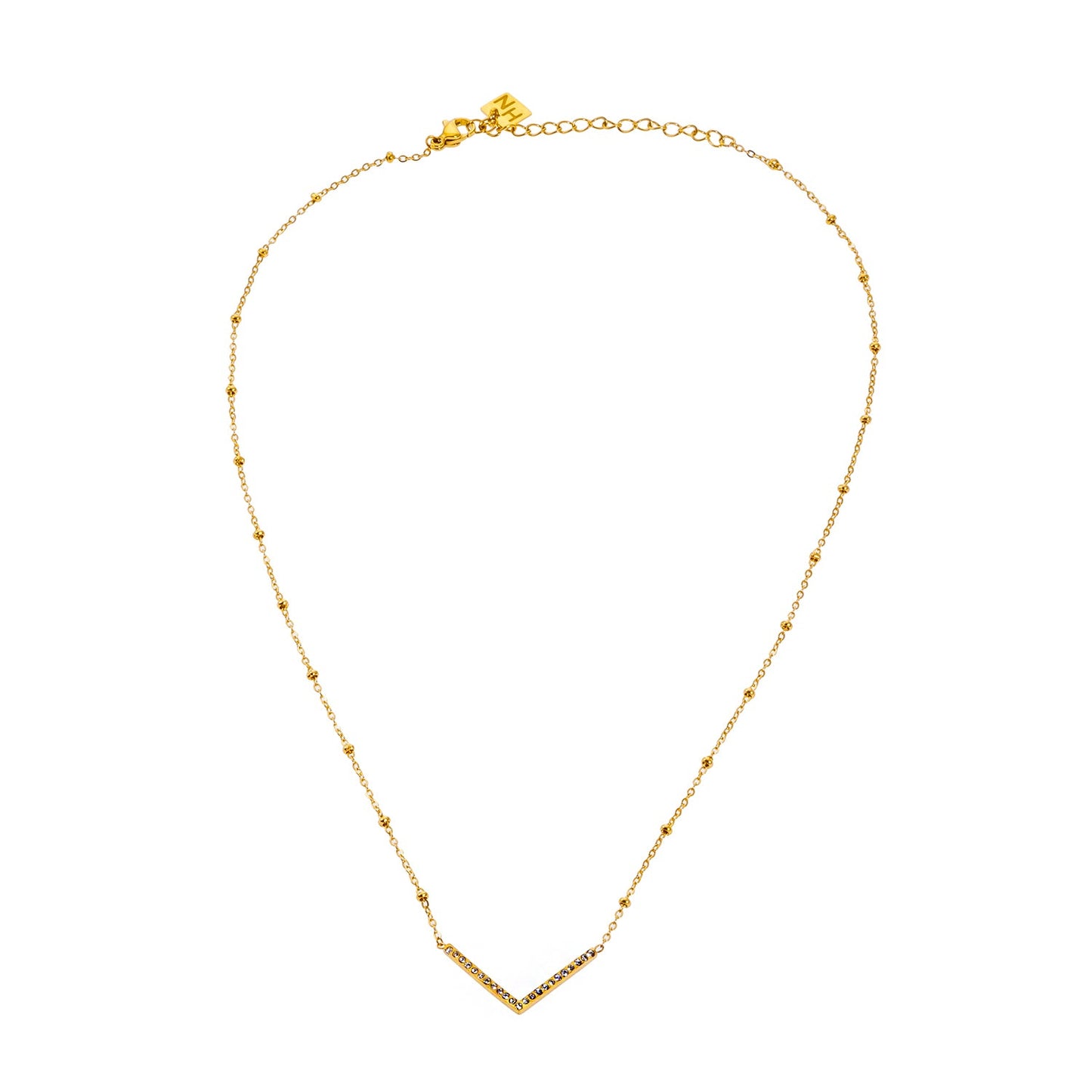 SANITA : Collier fin à maillons perlés orné d'un pendentif en forme de « V » incrusté de zircons