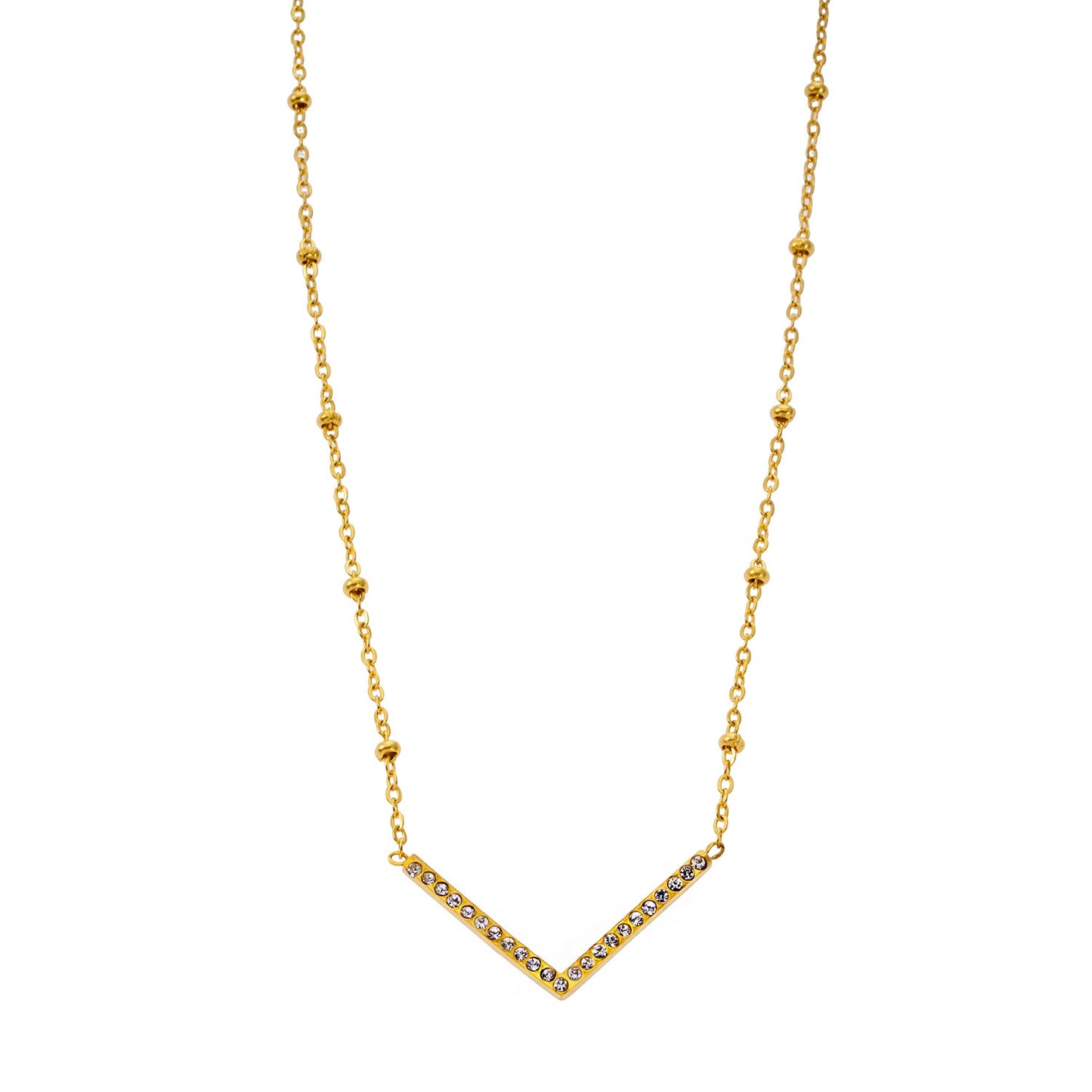 SANITA : Collier fin à maillons perlés orné d'un pendentif en forme de « V » incrusté de zircons