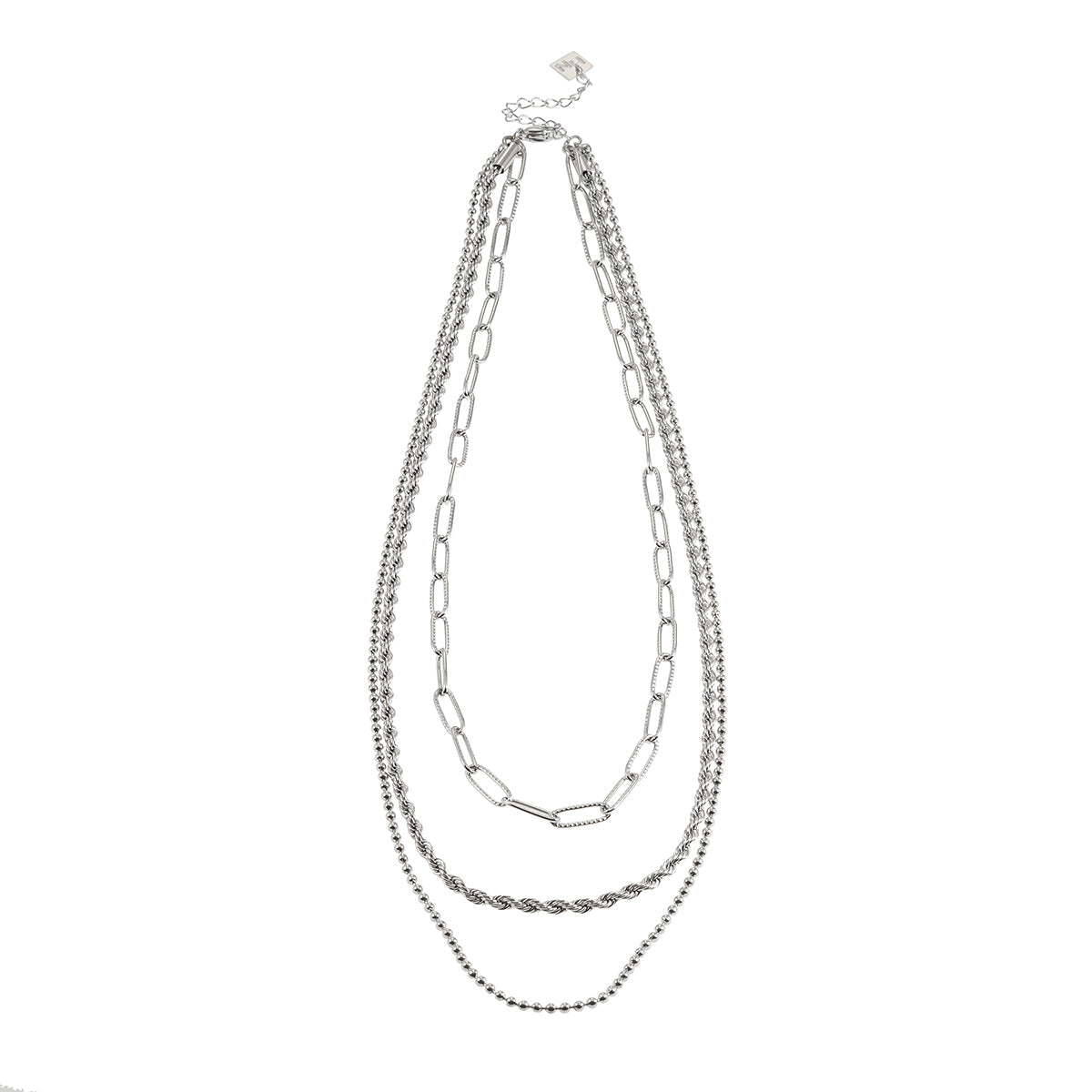 SELENE : Collier triple couche en chaîne mélangée en or blanc rhodié