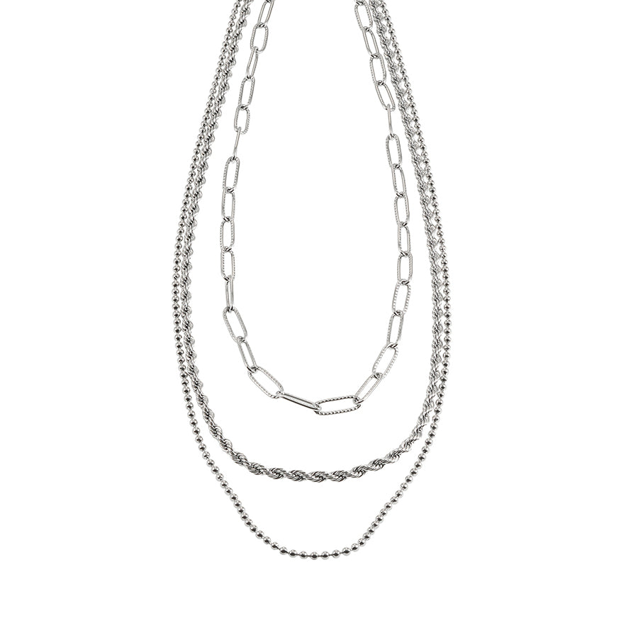 SELENE : Collier triple couche en chaîne mélangée en or blanc rhodié