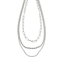 SELENE: Triple Layer Mixed Chain Necklace in Silver Toned White Gold