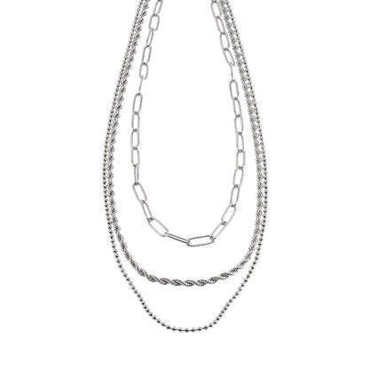SELENE : Collier triple couche en chaîne mélangée en or blanc rhodié