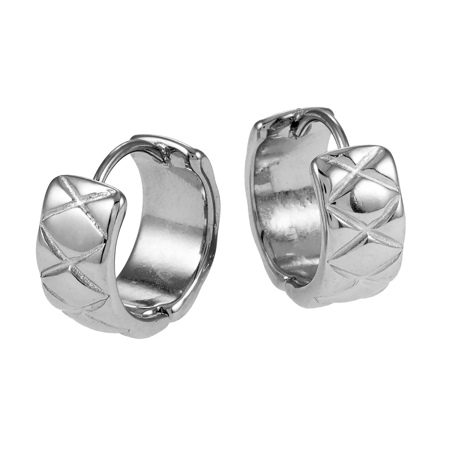 SHELBURNE : Boucles d'oreilles mini créoles larges gravées décoratives en or blanc (ton argent)