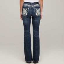 Jean de moto coupe bootcut pour femme Skull Rider avec strass. Jean denim western brodé à taille haute