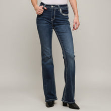 Jean de moto coupe bootcut pour femme Skull Rider avec strass. Jean denim western brodé à taille haute