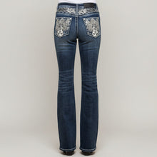 Jean femme Skull Rider à strass, motif note de musique et guitare électrique. Jean denim western taille haute coupe bootcut