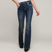Jean femme Skull Rider à strass, motif note de musique et guitare électrique. Jean denim western taille haute coupe bootcut