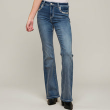 Jean bootcut à strass pour femme Skull Rider. Jean western taille haute brodé