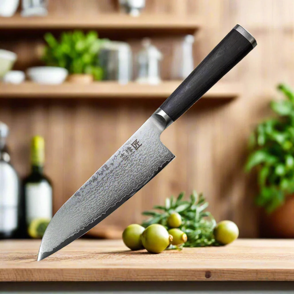 Couteau Santoku Miyako SUS 180 mm – Lame en acier Damas 33 couches – Fabriqué au Japon
